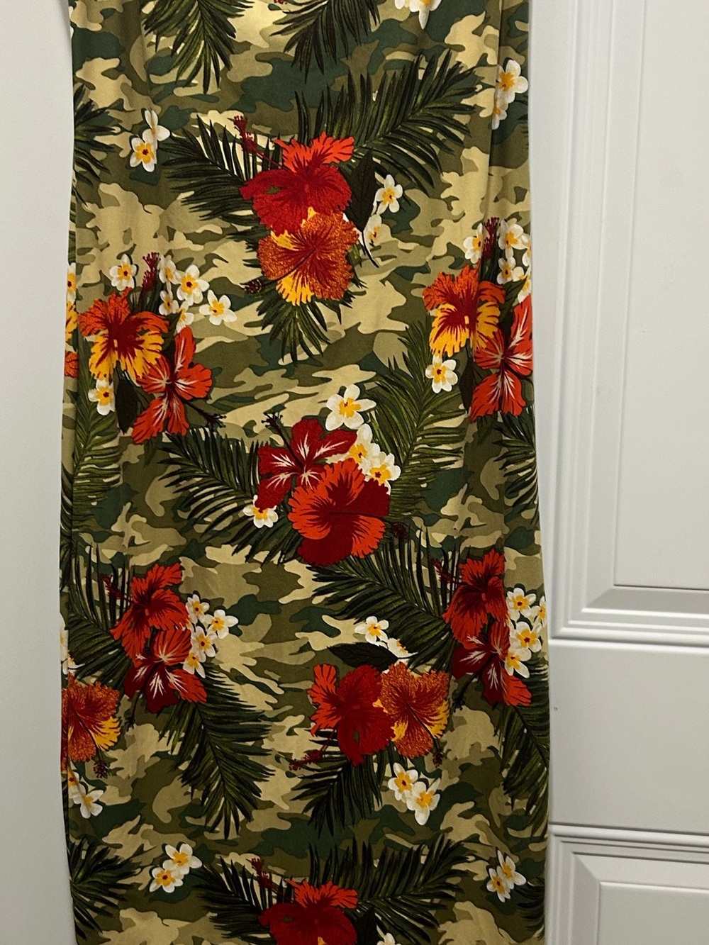 Rainbow Olive Camo Strapless Dress with Red and Orange Floral Print